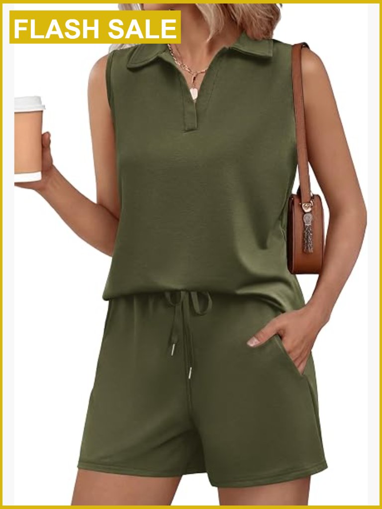 Womens Two Piece Short Set V Neck Sleeveless Lounge Set Tracksuit